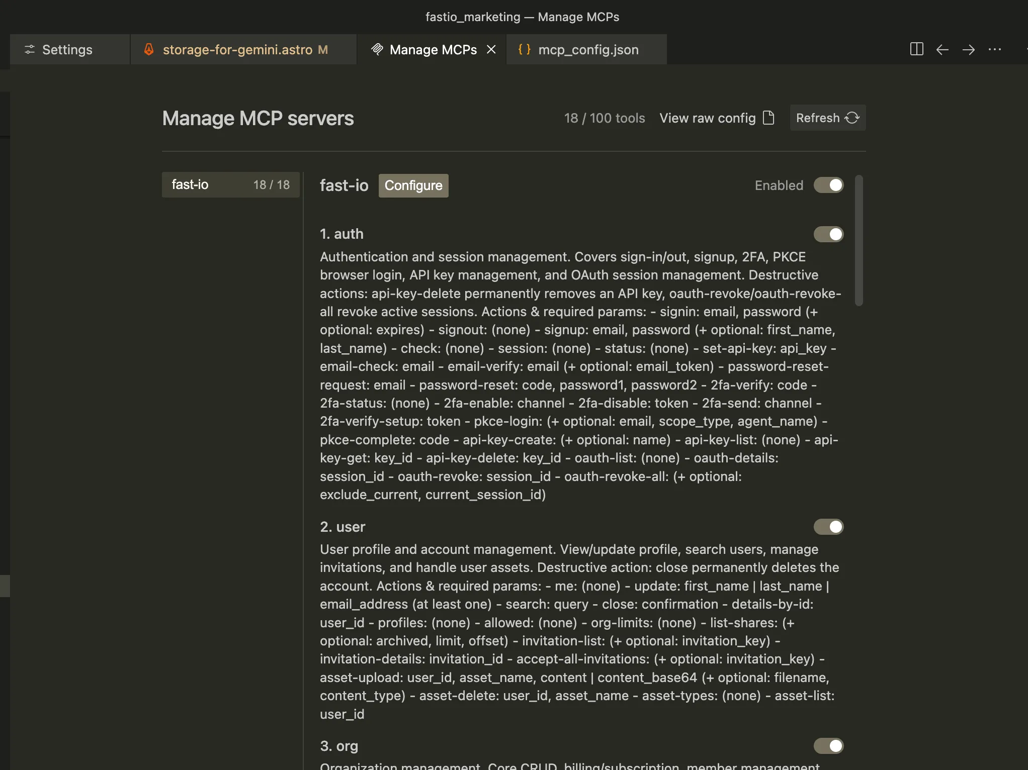 Manage MCPs showing Fast.io server connected with tools