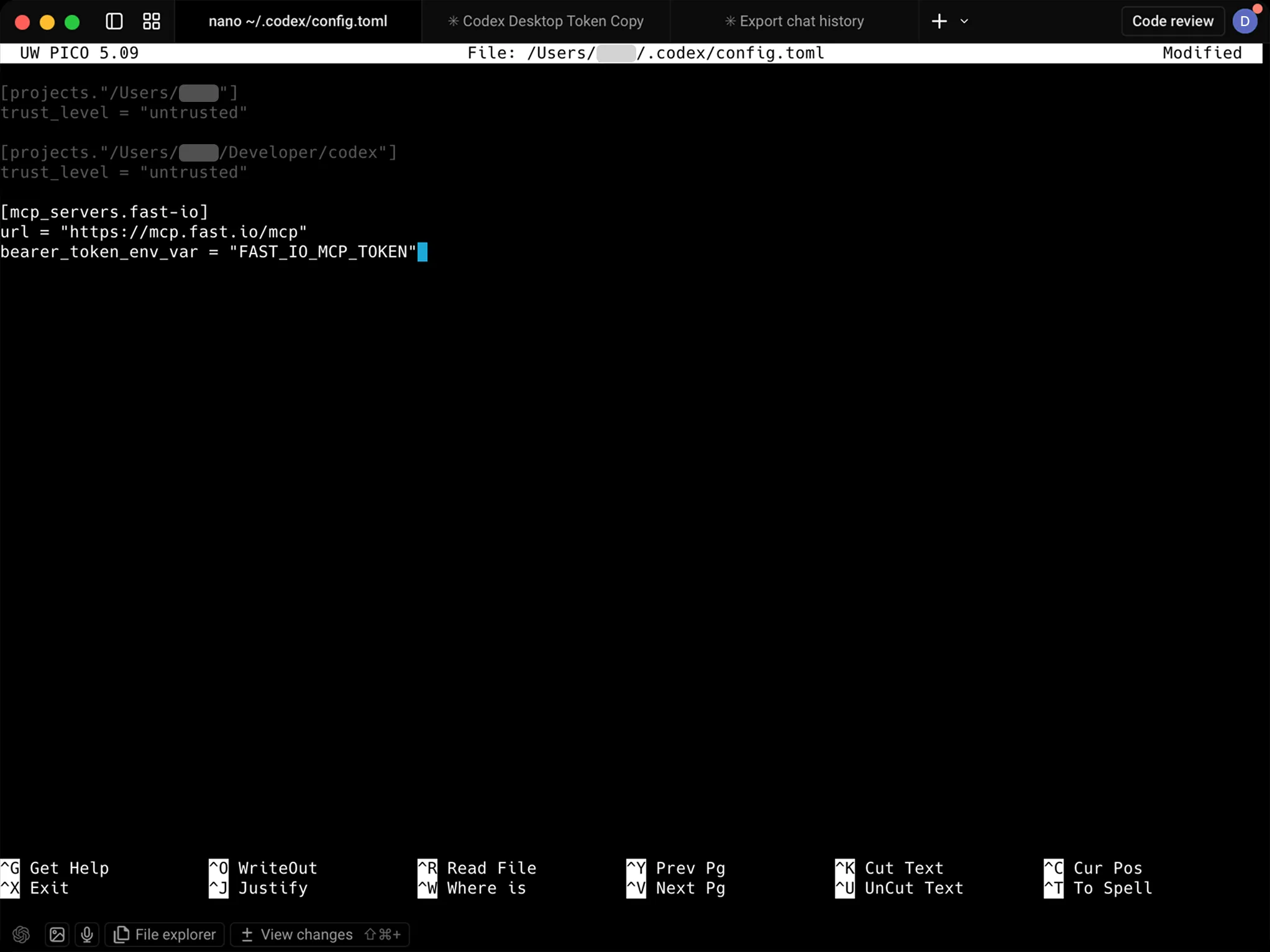 Codex CLI config.toml with Fastio MCP server config