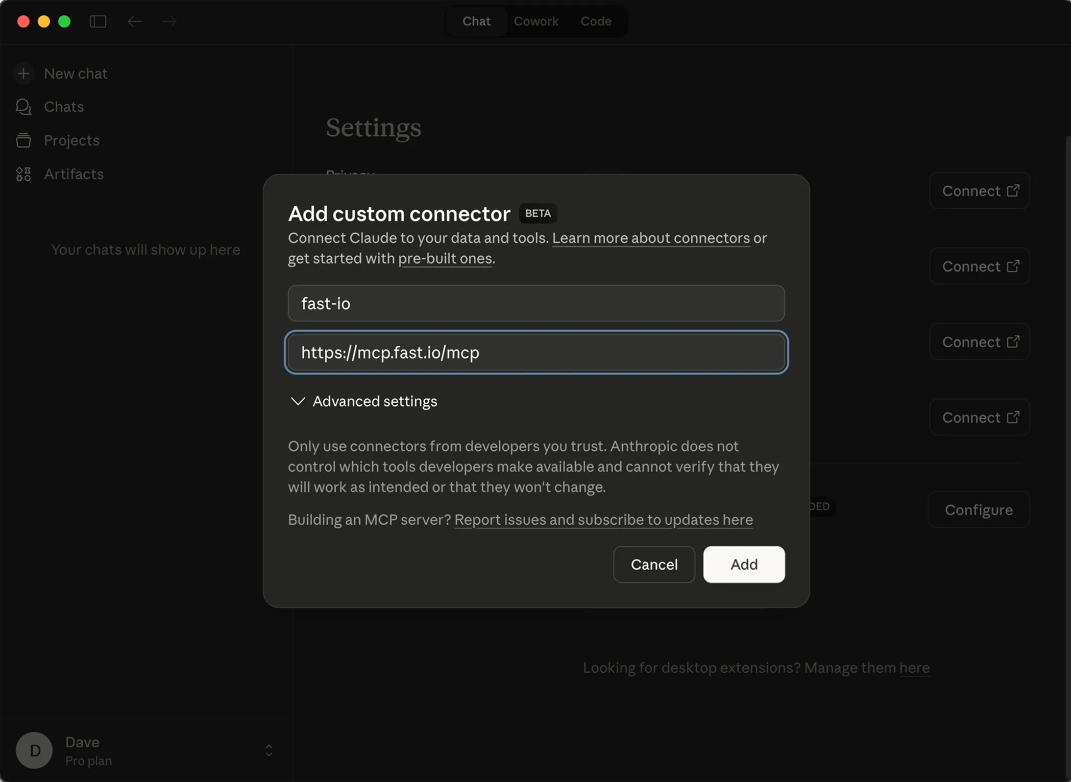 Claude Desktop connector name and MCP URL configuration