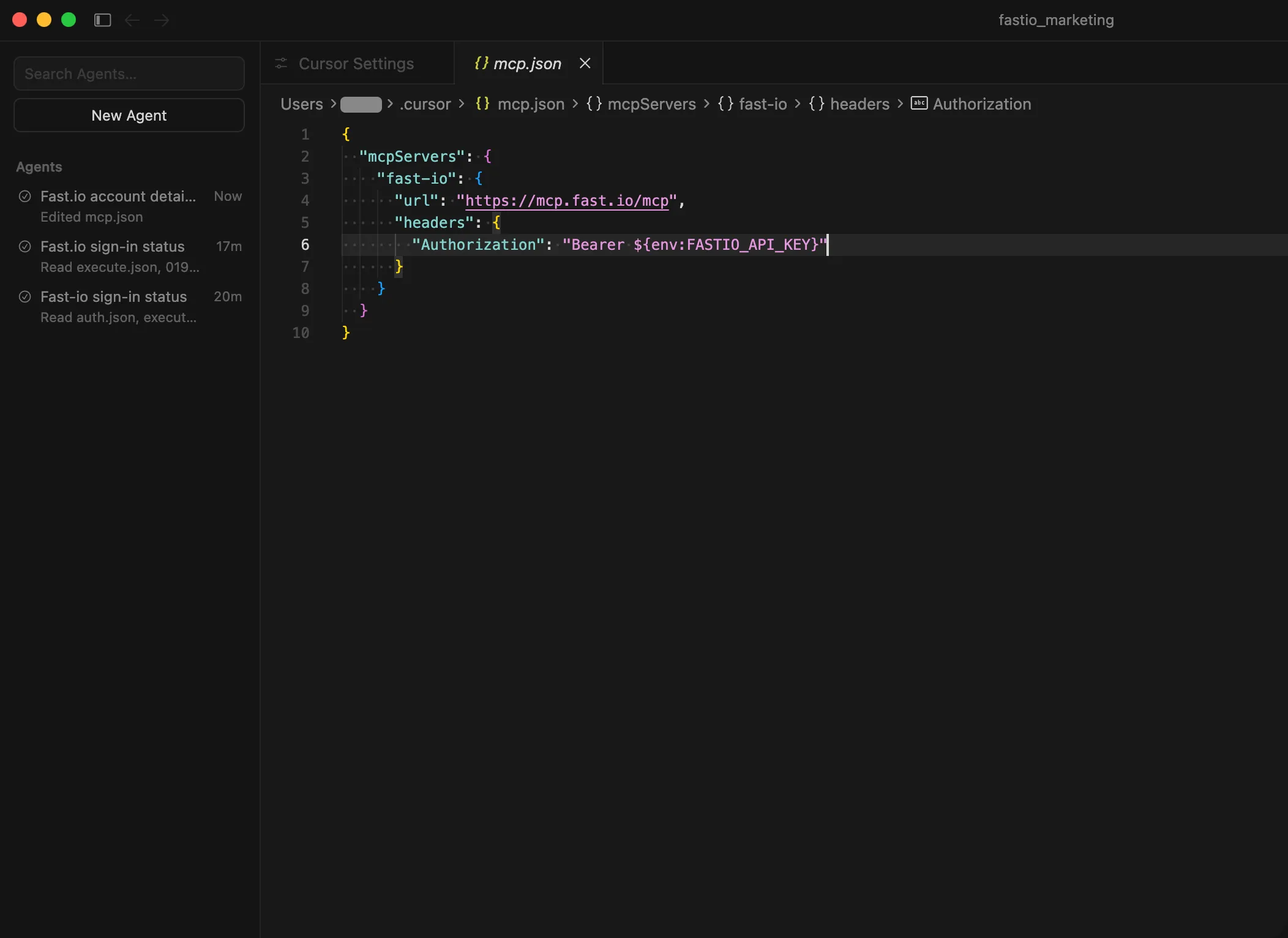 Editor showing mcp.json with Fast.io config