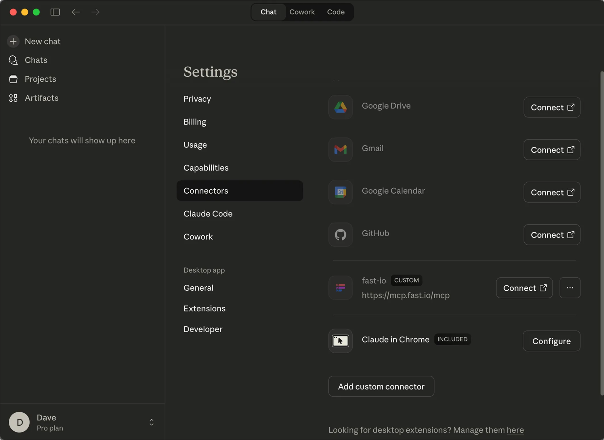 Claude Desktop showing Connect button on Fast.io connector