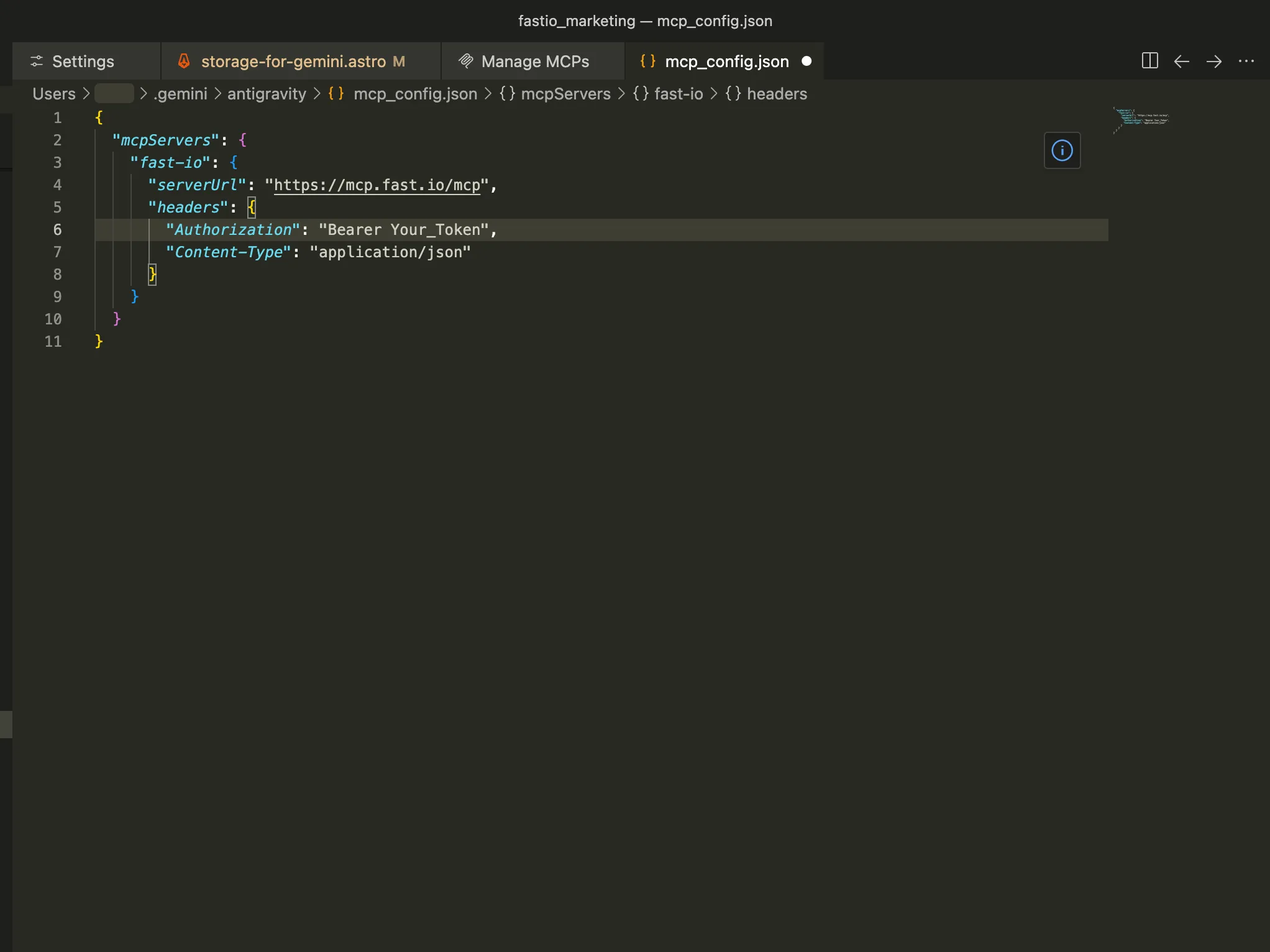 mcp_config.json with Fast.io MCP server configuration