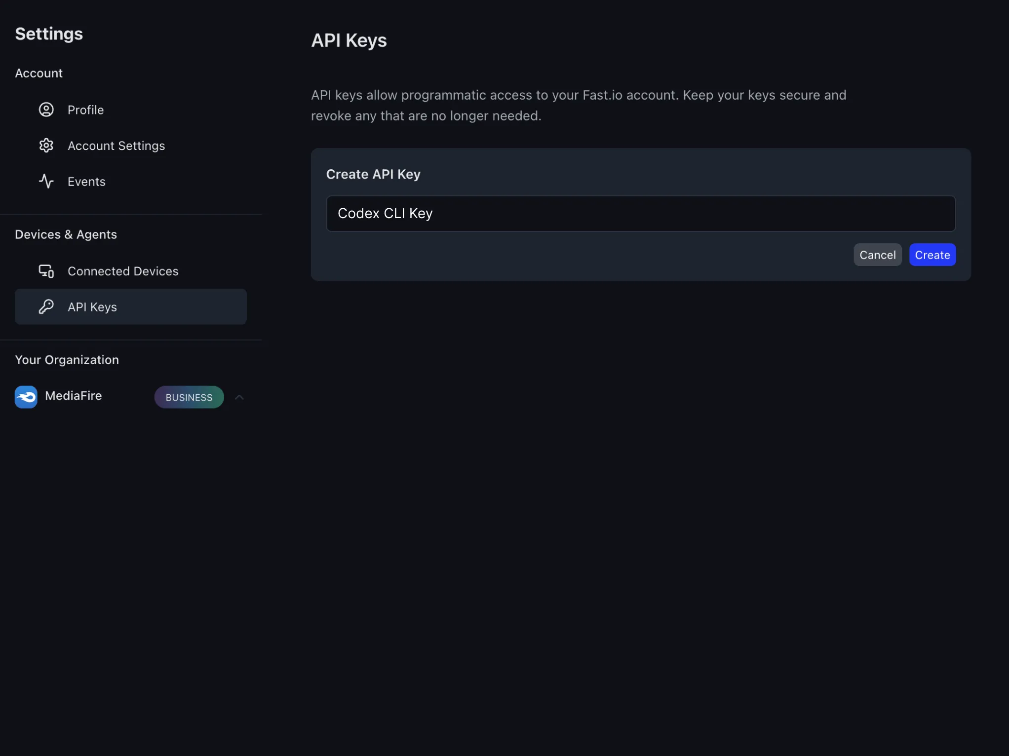 Fastio Create API Key dialog