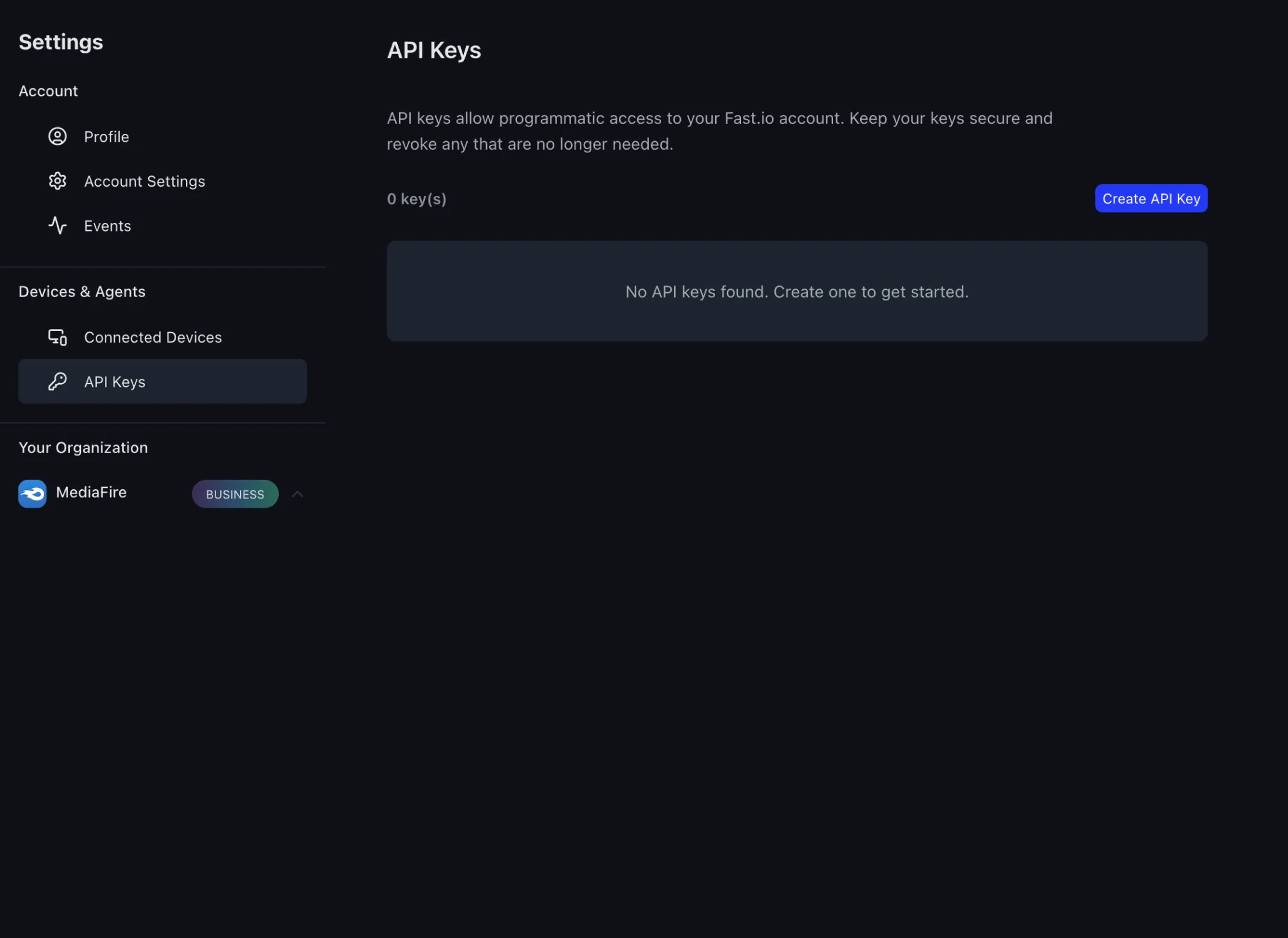 Fastio Settings API Keys page