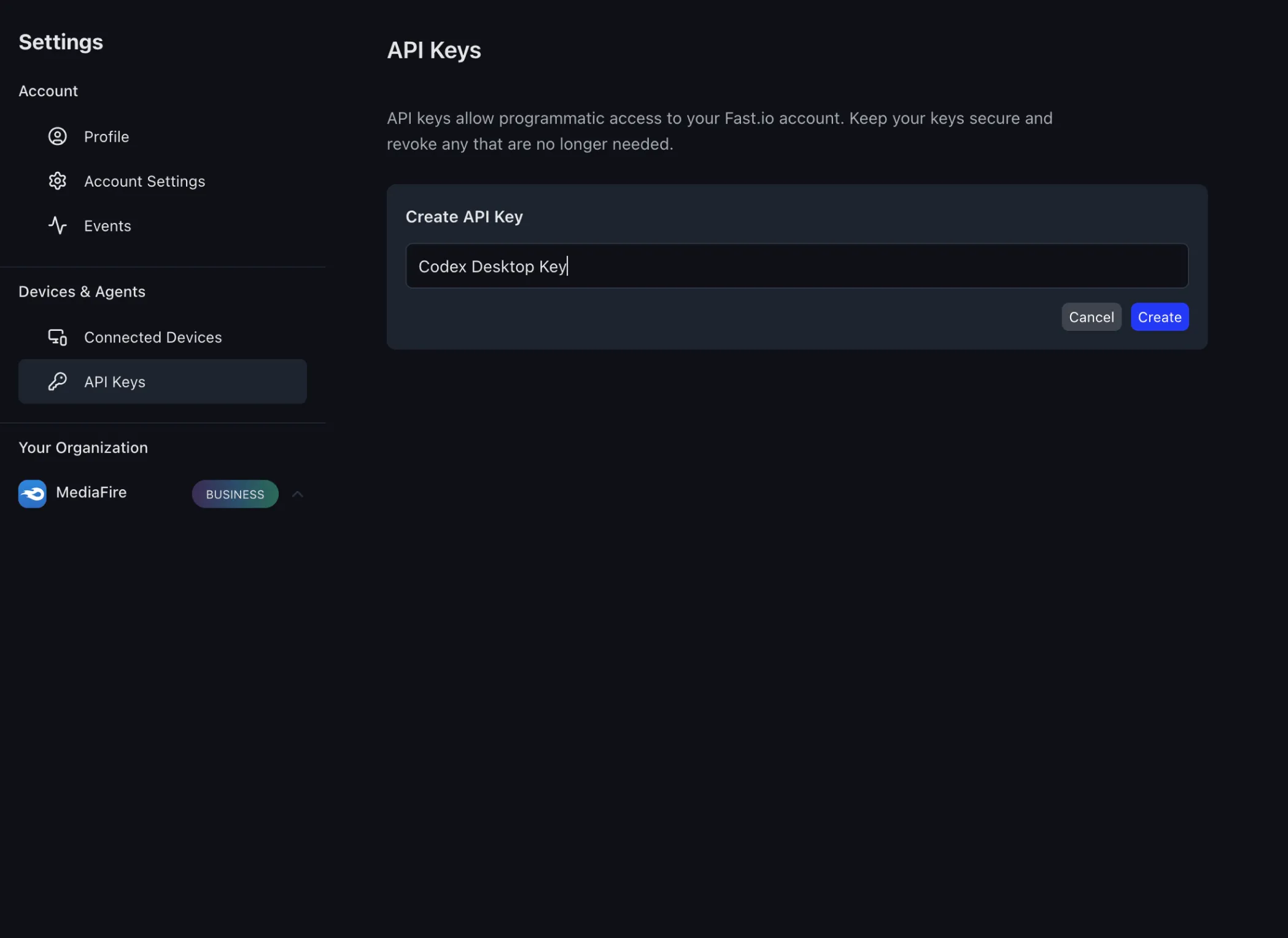 Fastio Create API Key dialog
