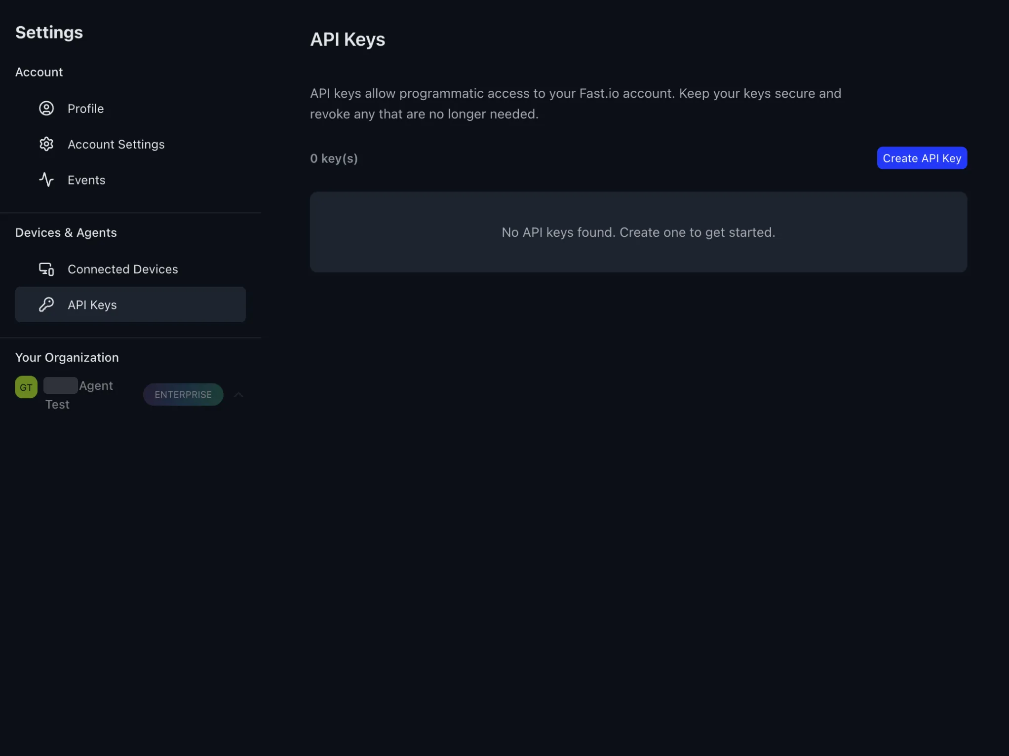 Fast.io Settings API Keys page