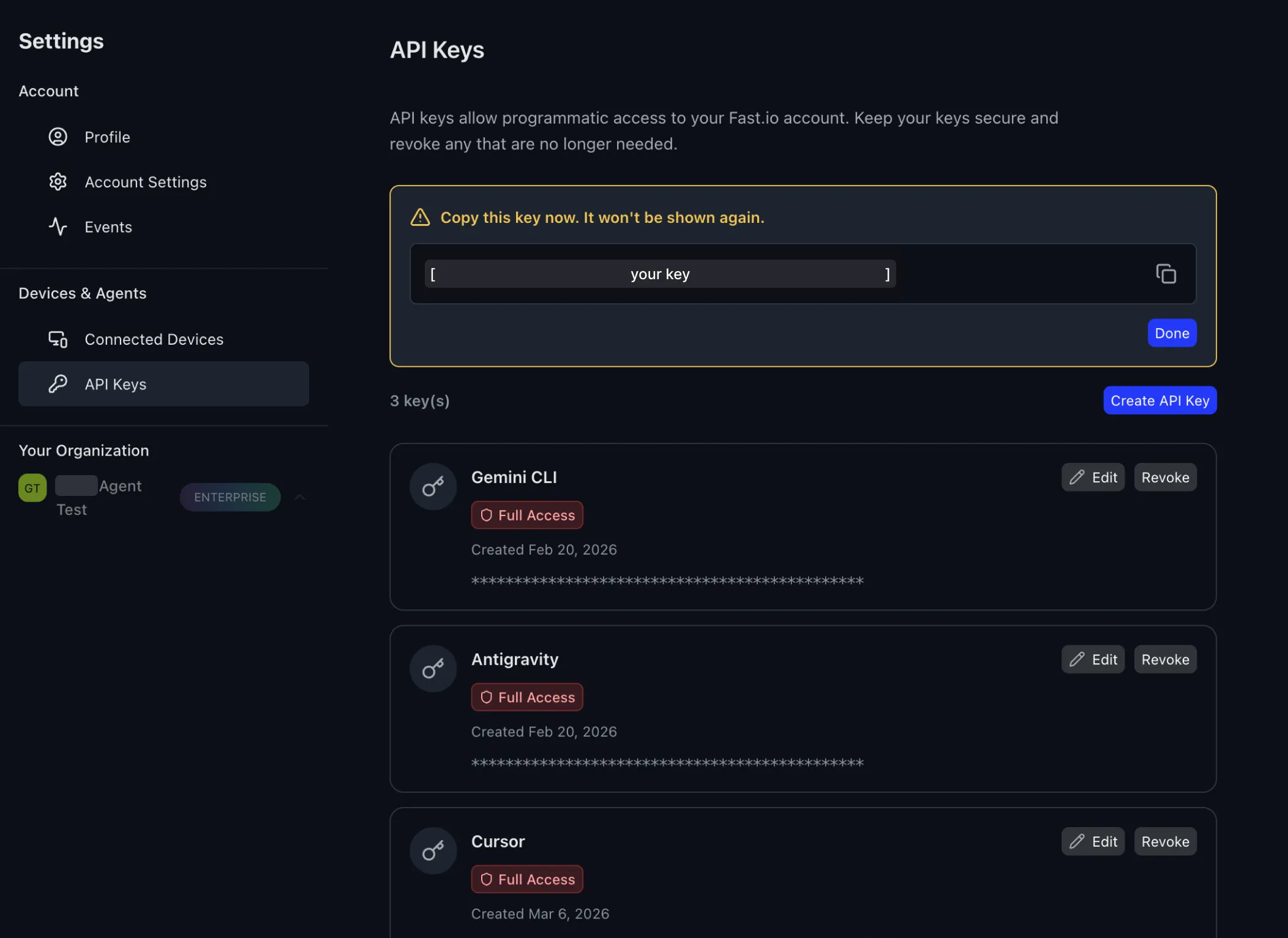 API key generated with copy warning