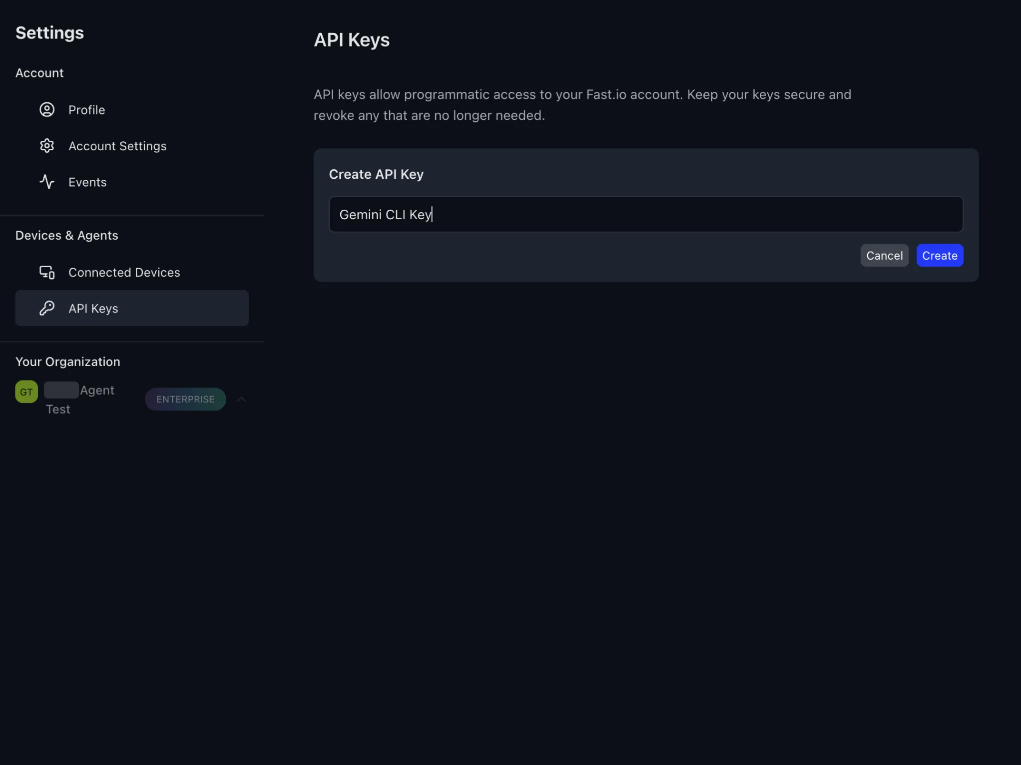 Fast.io Create API Key dialog