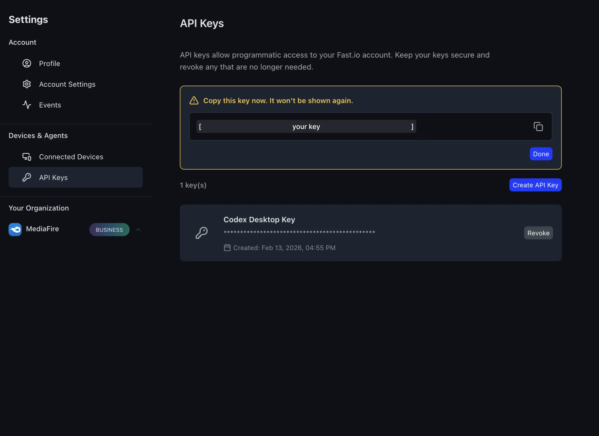 Fastio API key created with copy warning