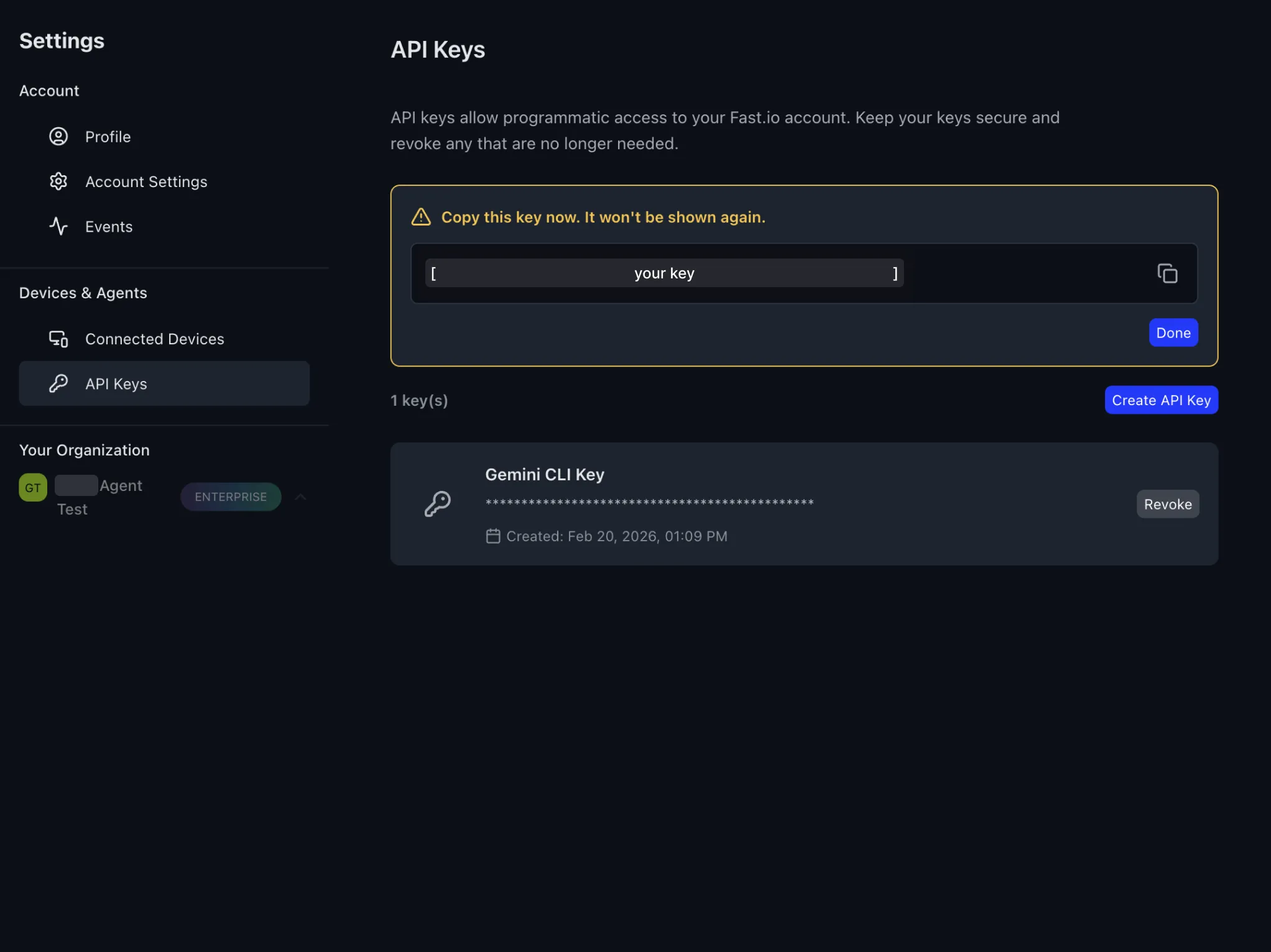 Fast.io API key created with copy warning