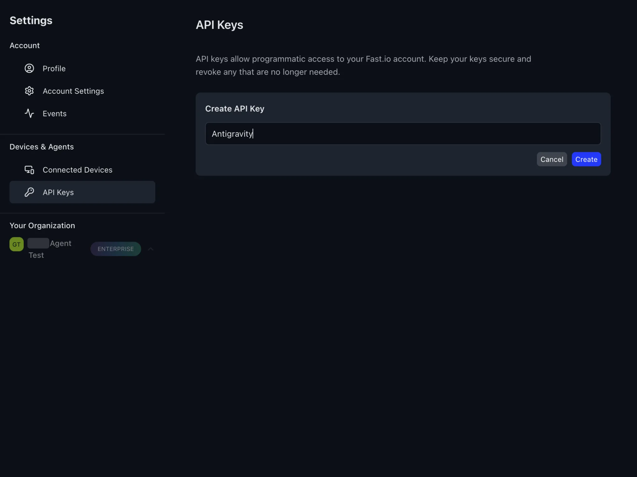 Fast.io Create API Key dialog
