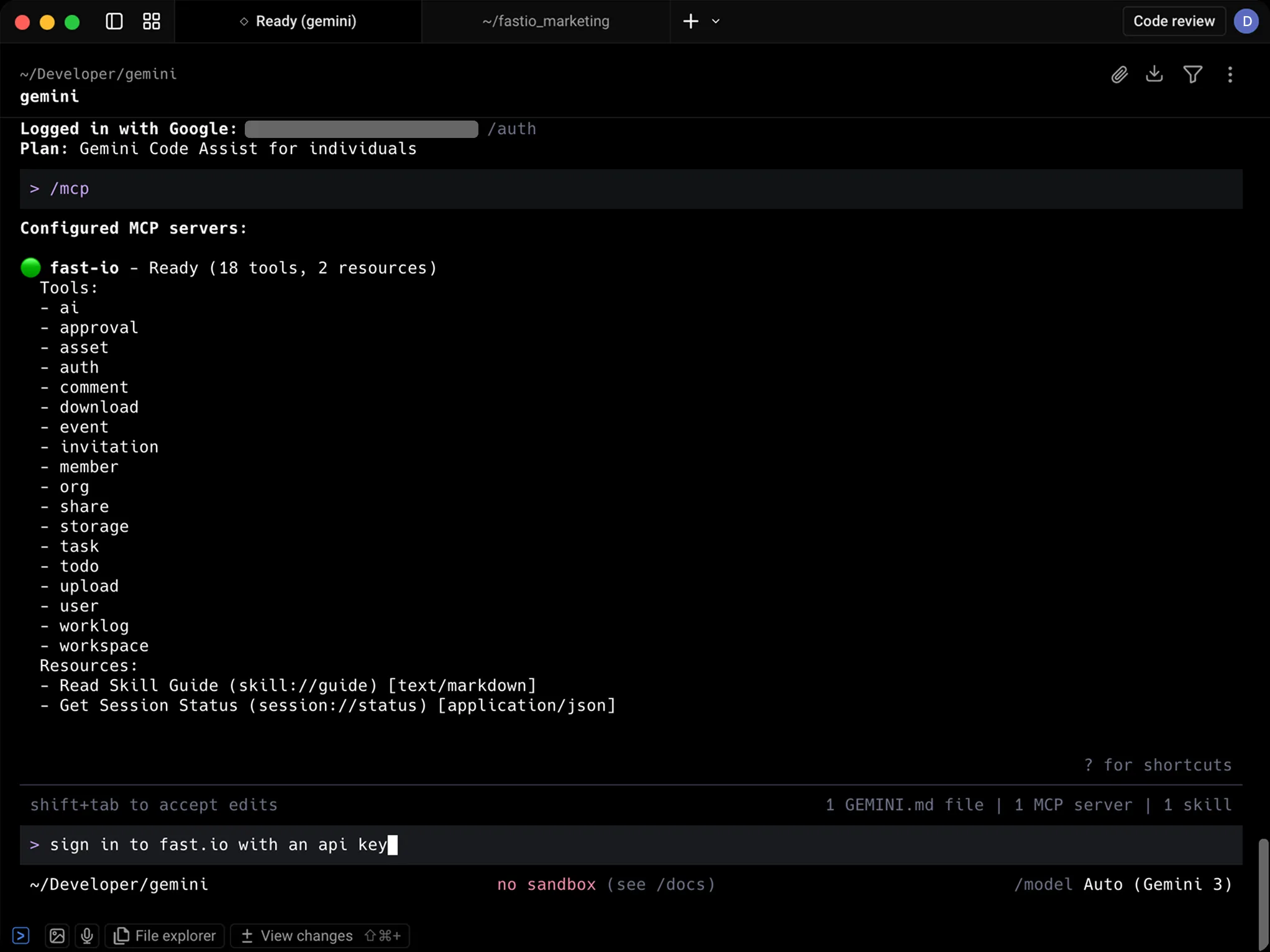 Gemini CLI with prompt to sign in to Fastio with an API key