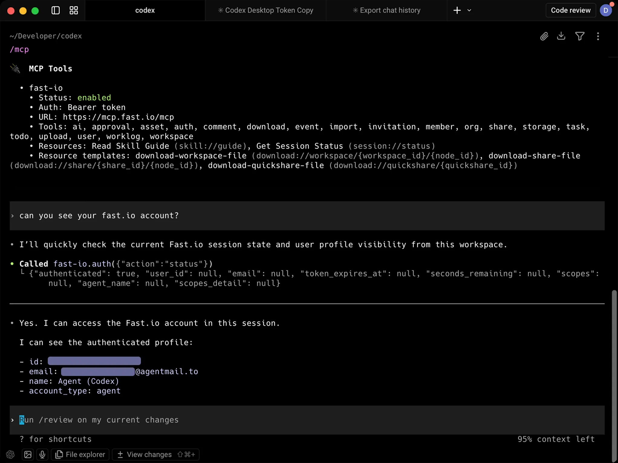 Codex CLI showing Fastio account summary