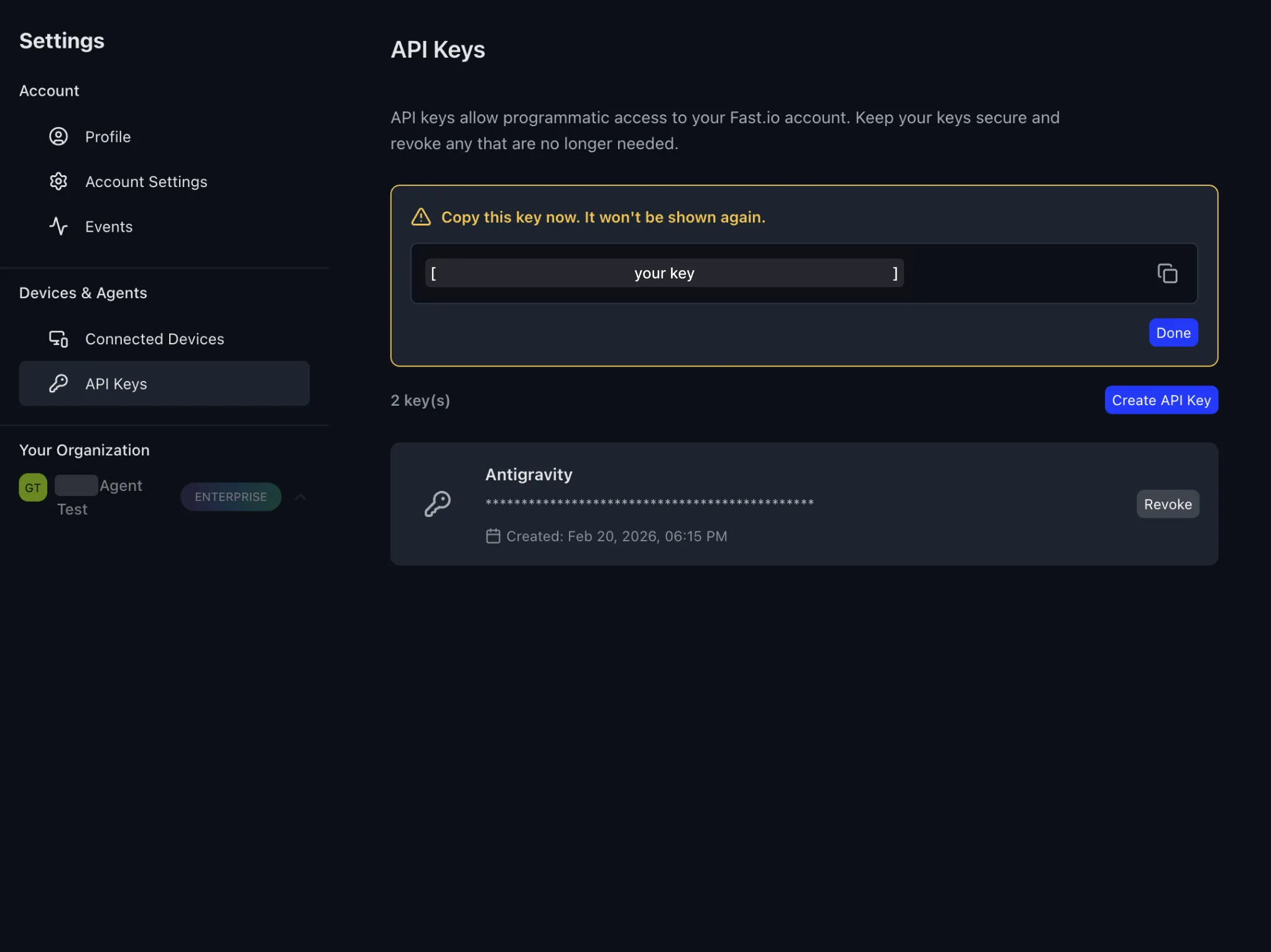 Fastio API key created with copy warning