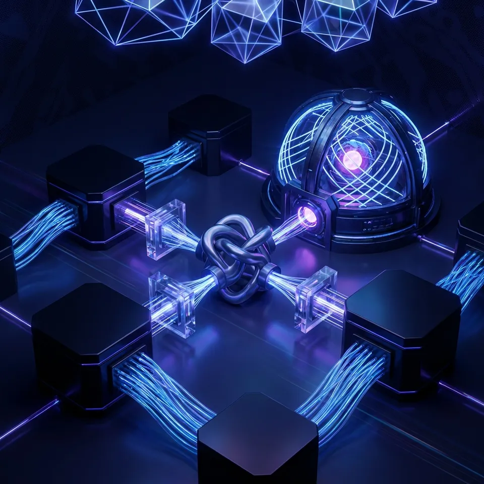 Abstract 3D visualization of storage blocks connecting to an AI neural network