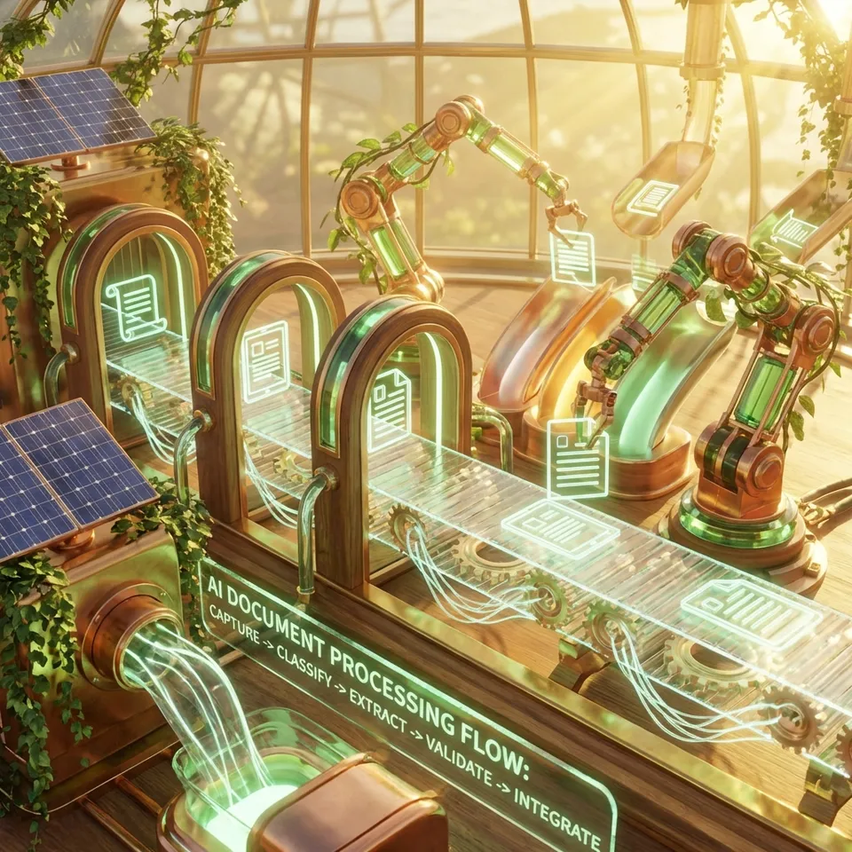 AI document processing workflow architecture diagram showing ingestion, extraction, validation, and delivery stages