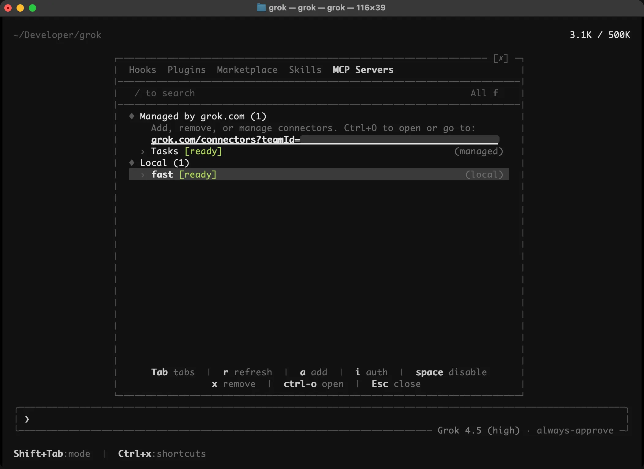 Grok CLI MCP list showing fast ready