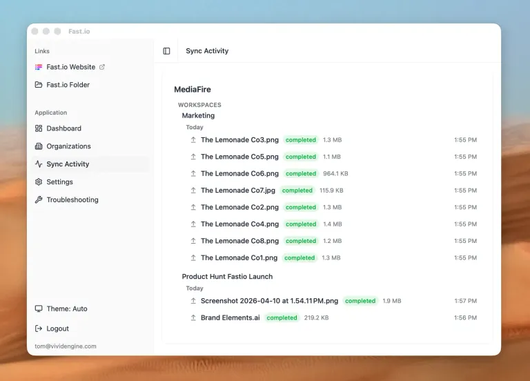 Fastio Desktop showing sync activity for a workspace