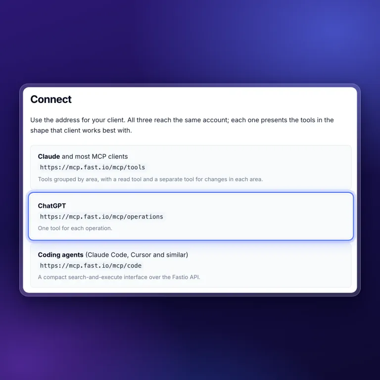 The Connect section of Fastio's MCP setup guide, with the ChatGPT address mcp.fast.io/mcp/operations highlighted as one tool for each operation