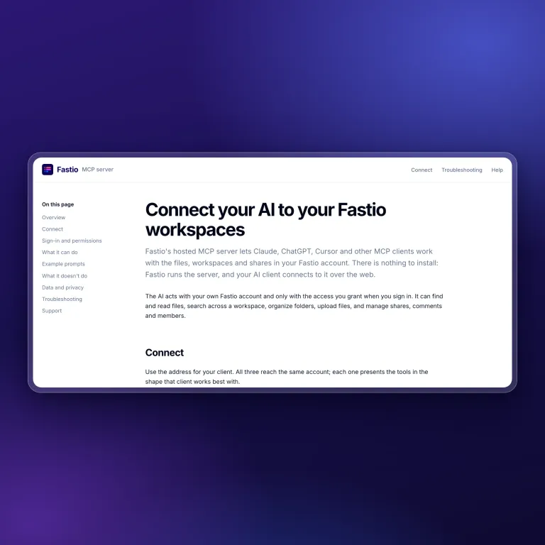 Fastio's MCP server setup guide, titled Connect your AI to your Fastio workspaces, with its page outline