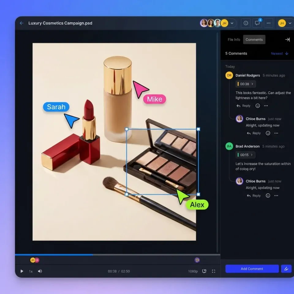 Creative team reviewing visual content with contextual annotations