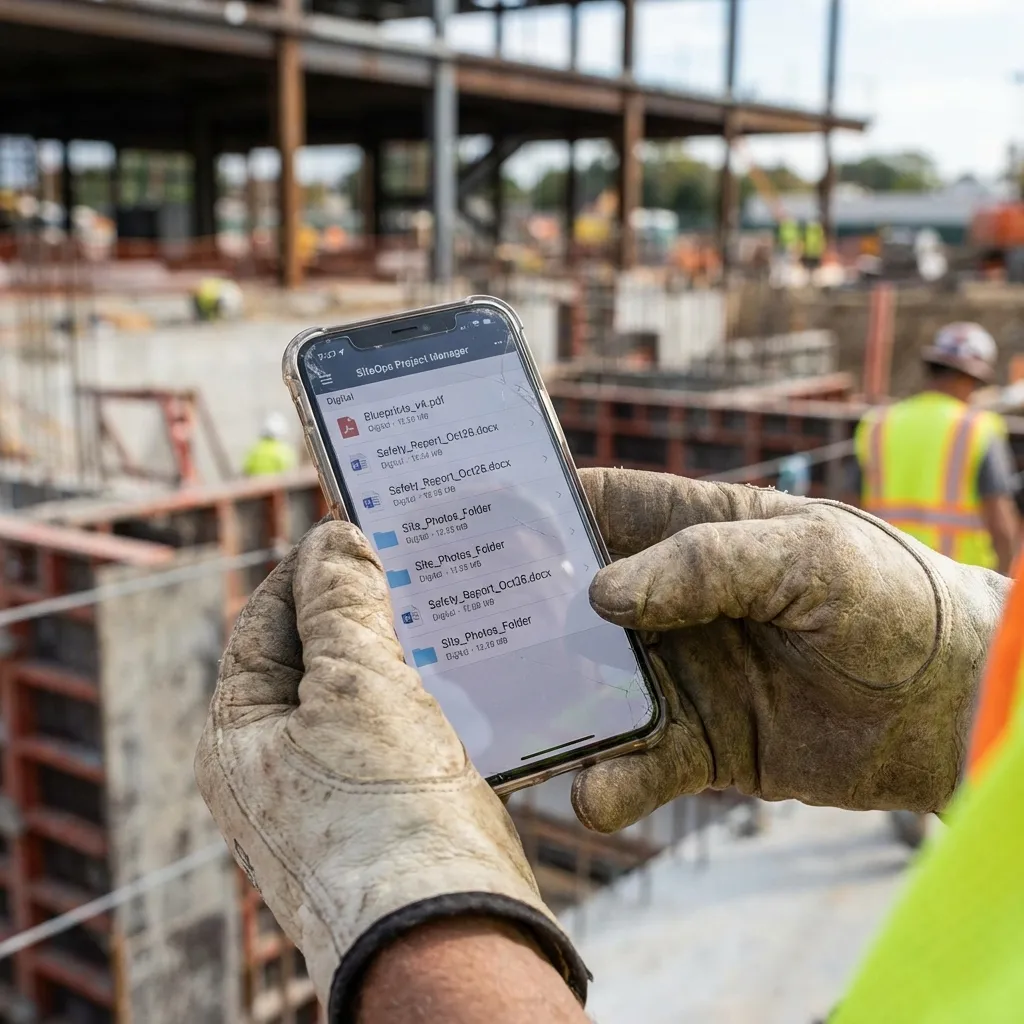 Architecture drawings accessible on mobile device at construction site