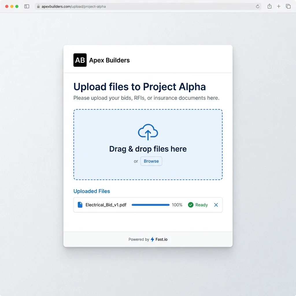 Upload portal interface showing drag and drop file submission