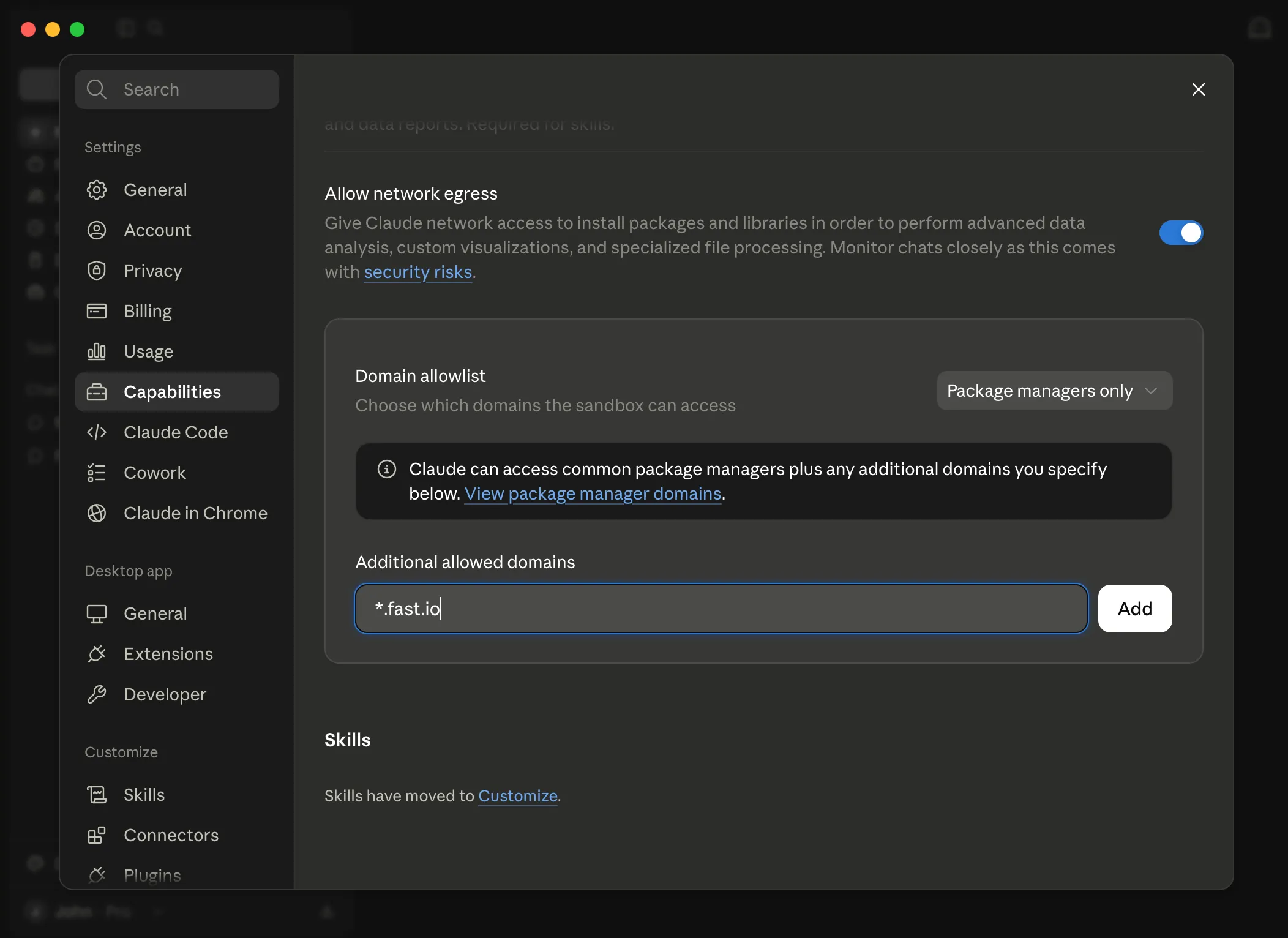 Claude Desktop Capabilities settings with Domain Allowlist