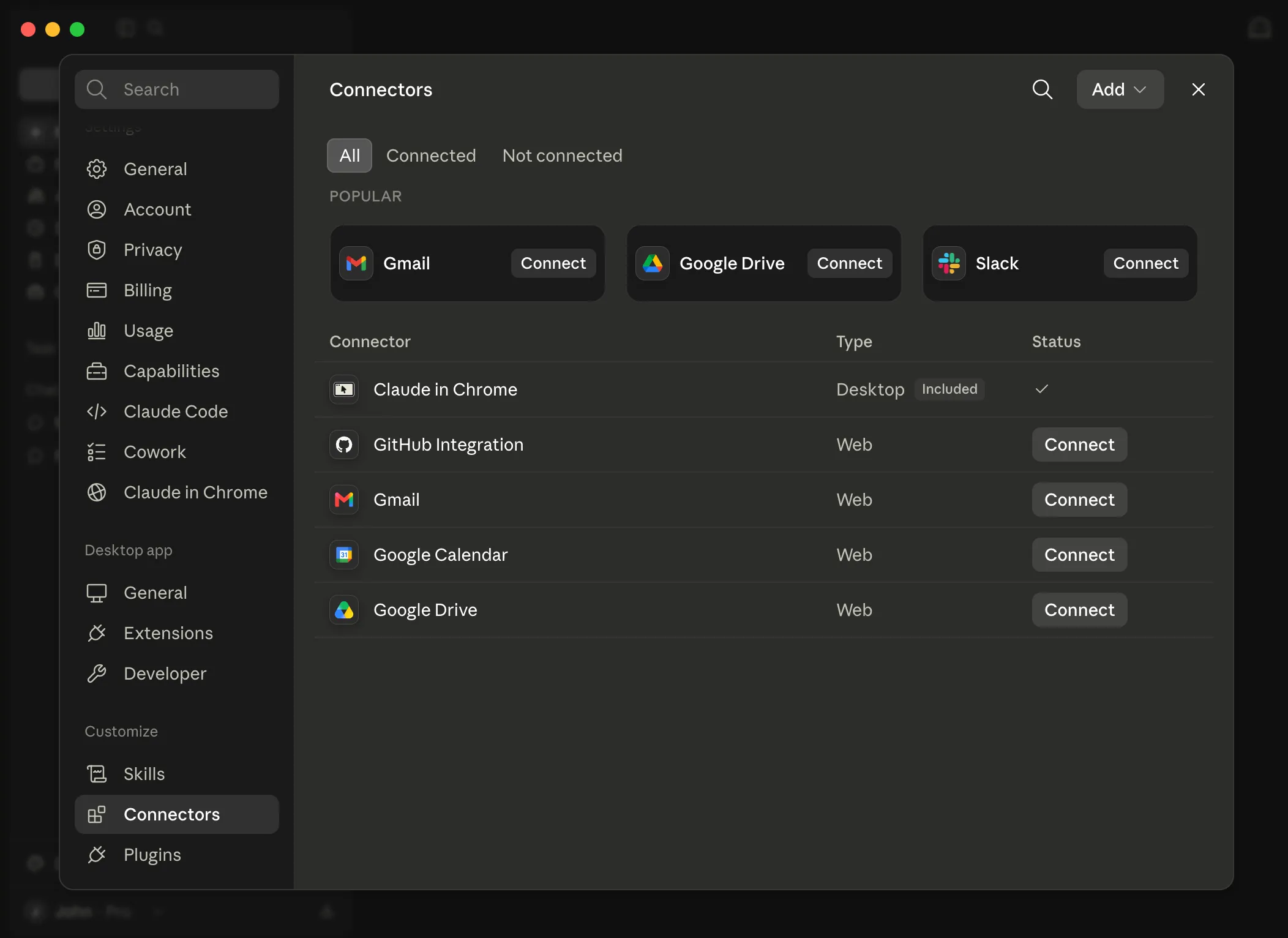 Claude Desktop Customize section showing Connectors