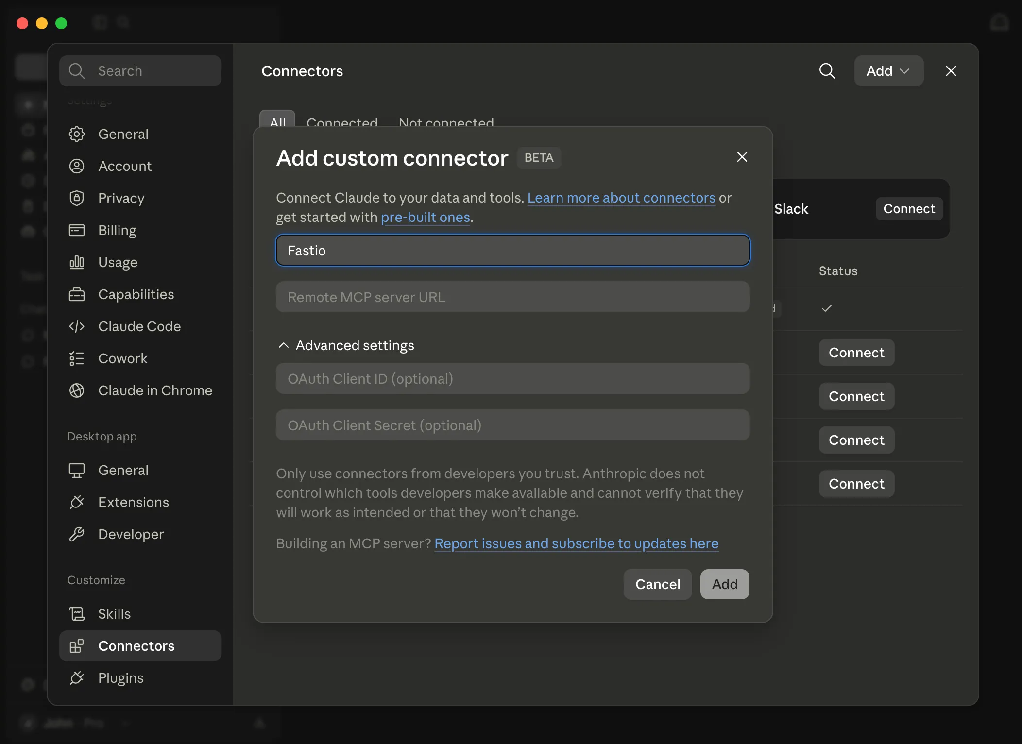 Add custom connector dialog with Fastio name entered