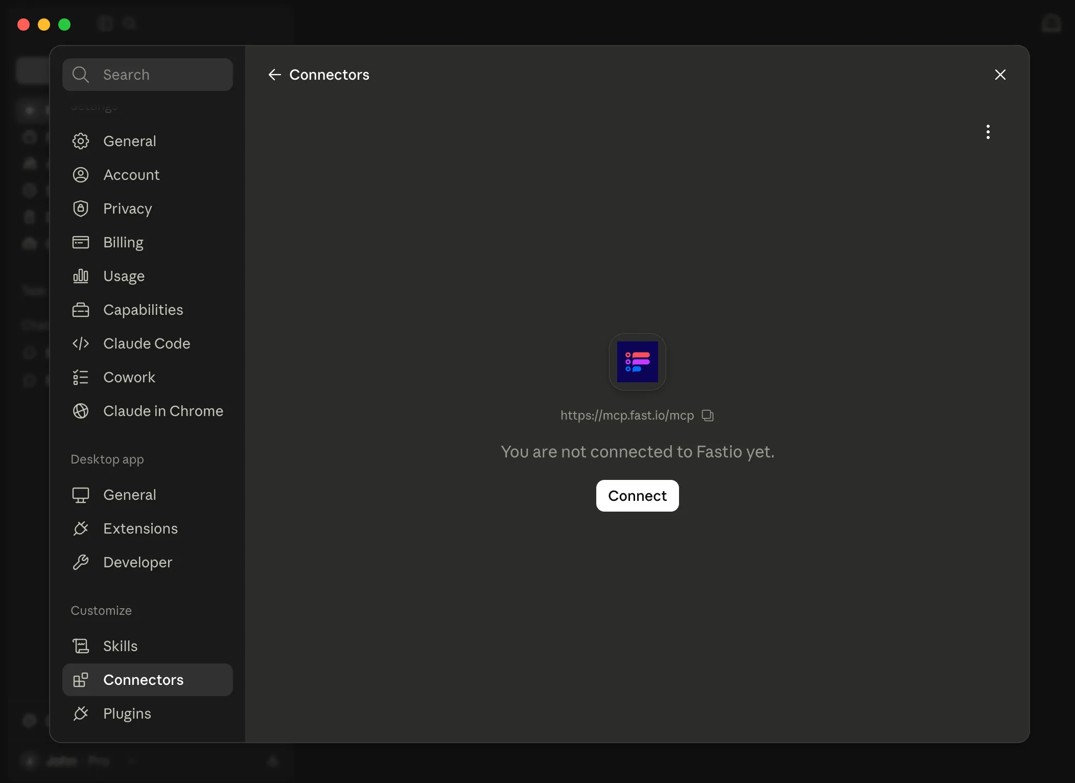 Fastio connector page showing Connect button