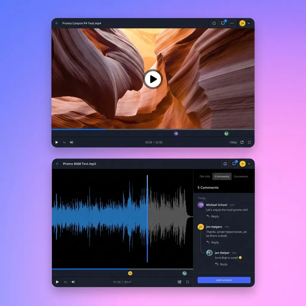 Video review interface with stacked multimedia assets