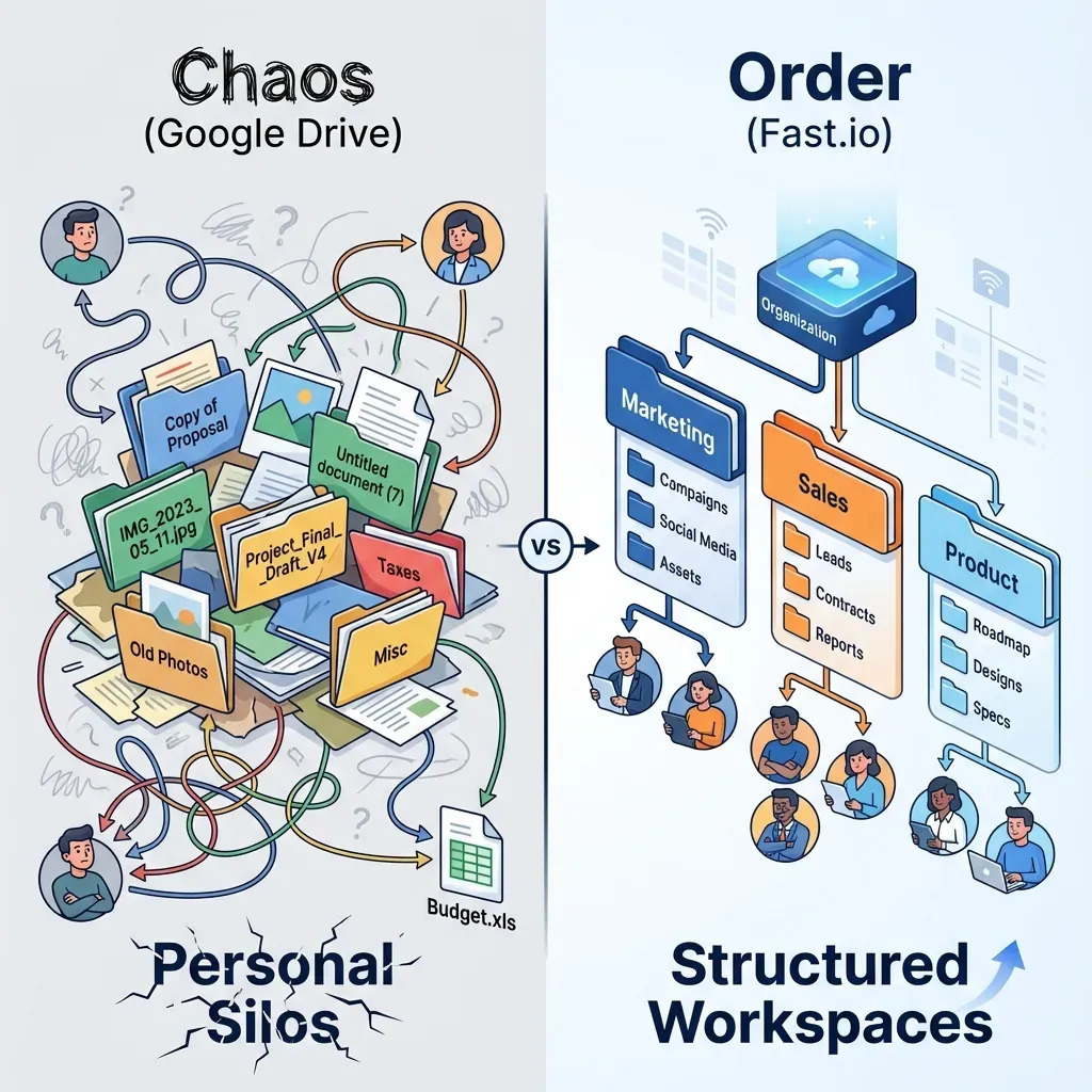 Comparison showing Google Drive folder chaos versus organized workspace structure