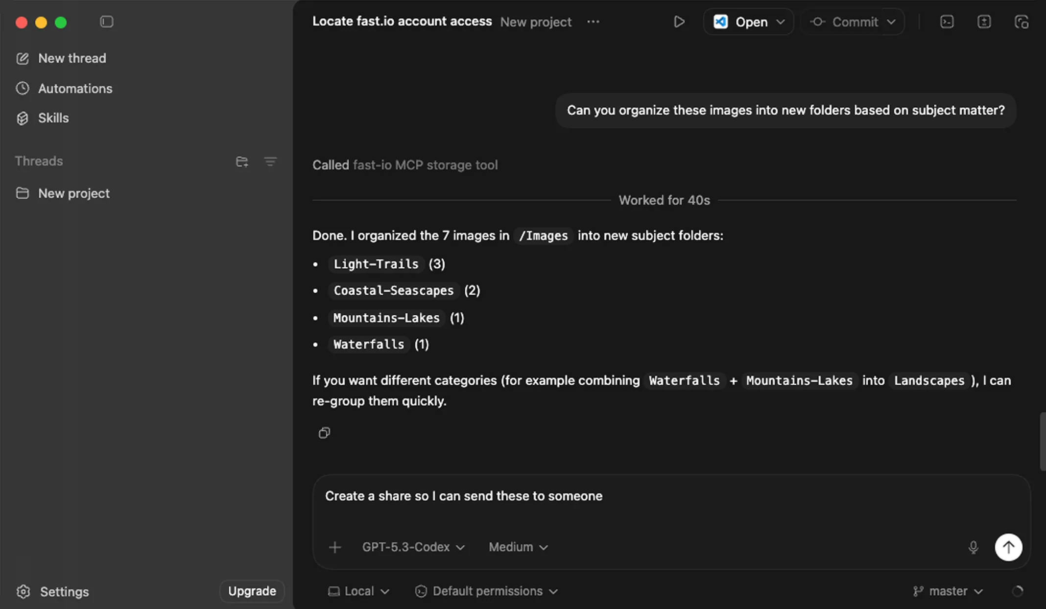 Codex Desktop connected to a Fastio workspace