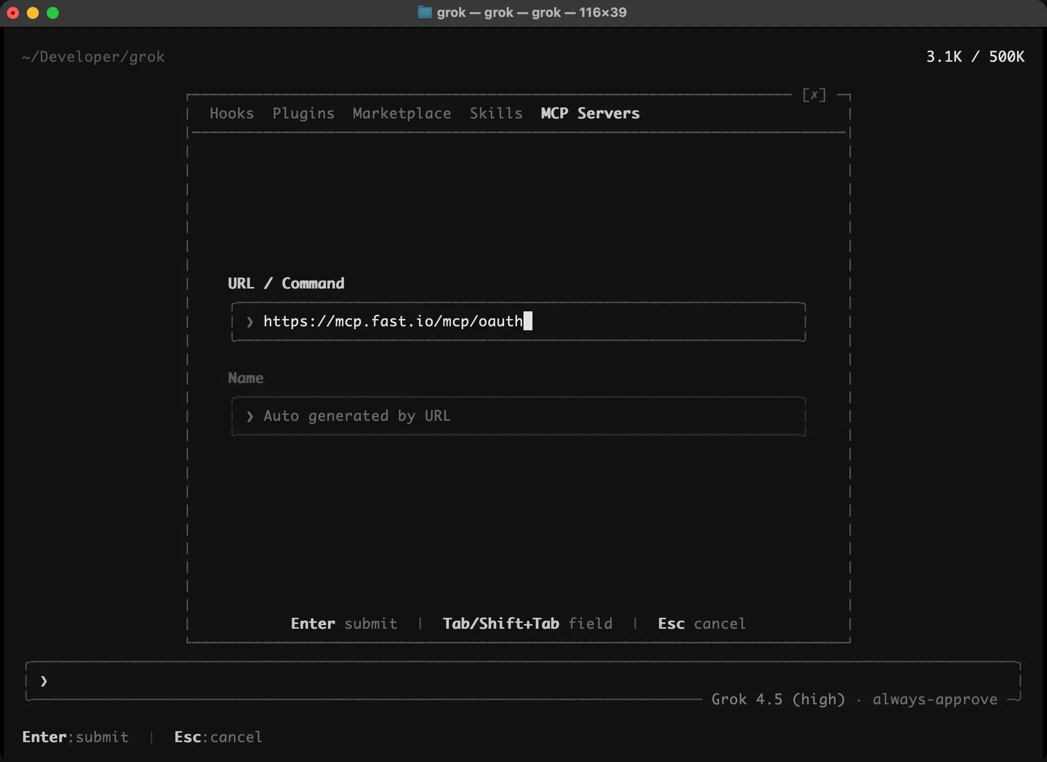 Grok CLI add MCP URL input