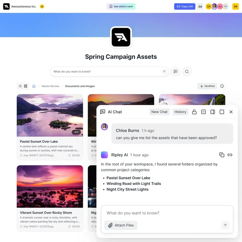 Branded client portal with AI chat and file browsing