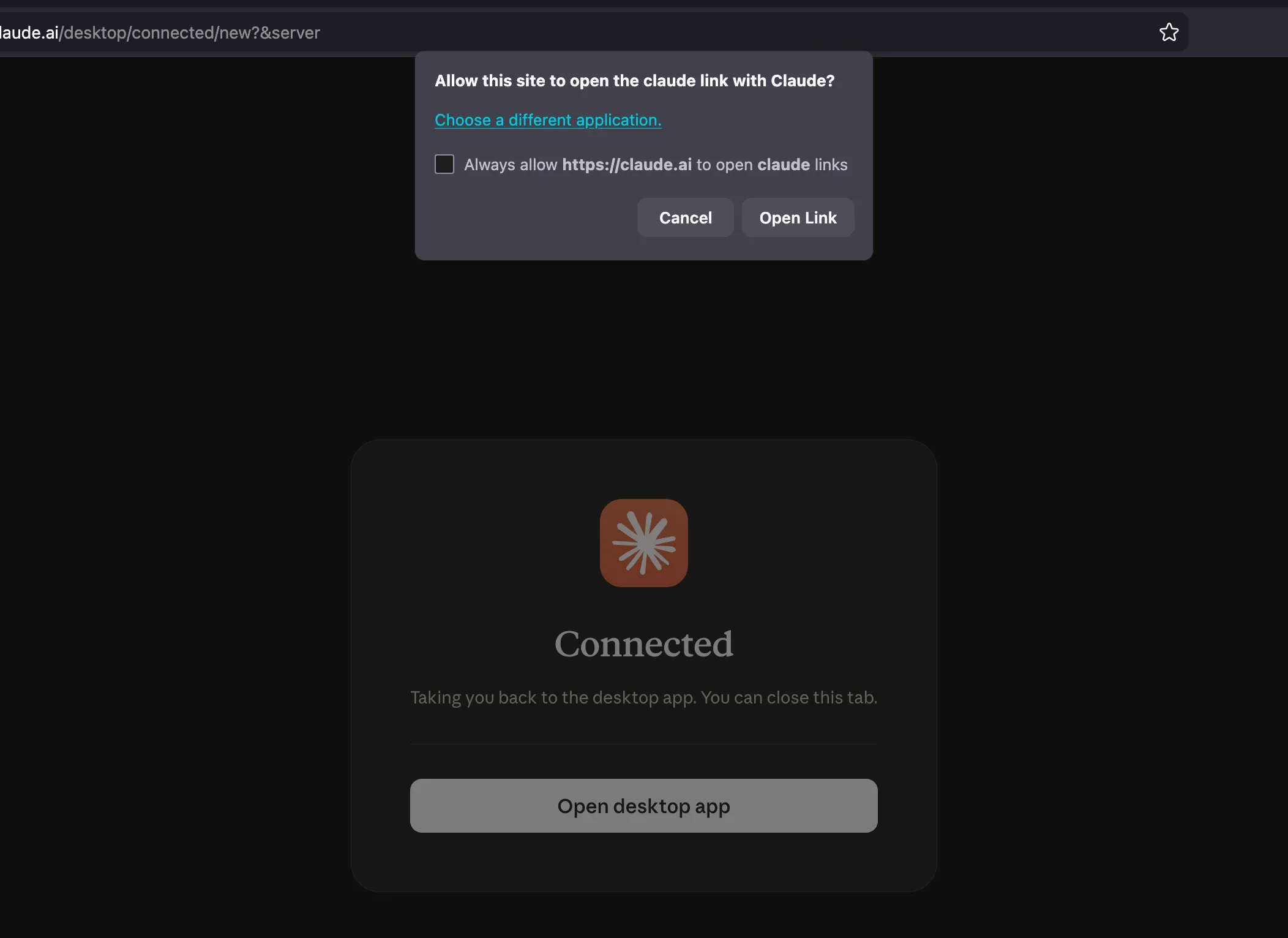 Browser prompt to open Claude Desktop after Fastio authorization