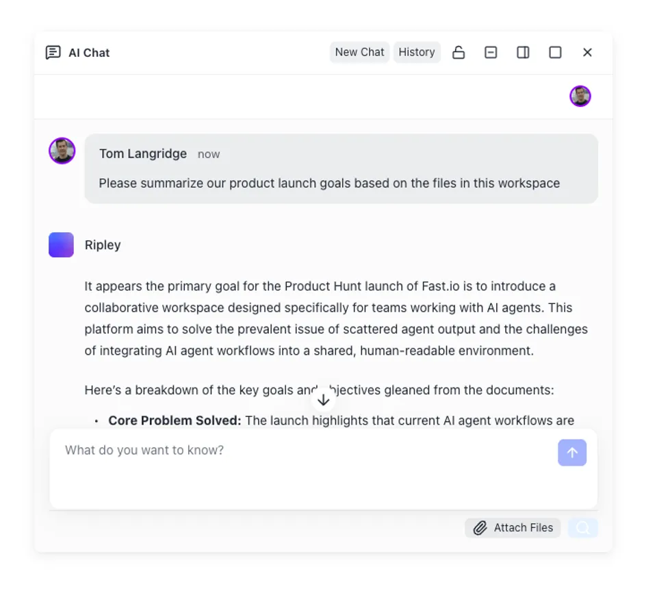 AI agent chat interface showing a character conversation response