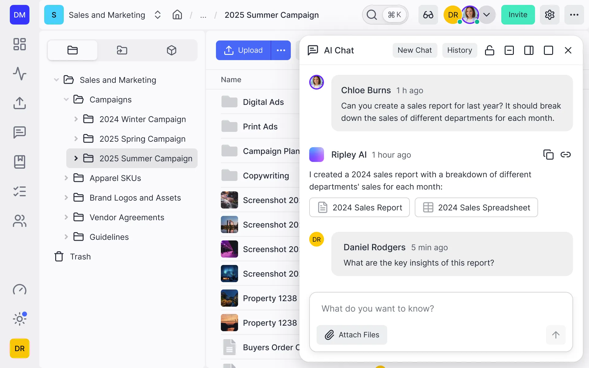 Ripley AI answering questions inside a Fastio workspace