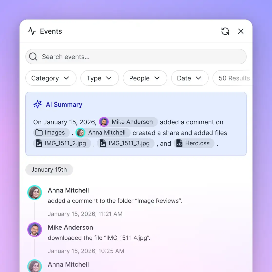 Audit log interface showing detailed file activity tracking
