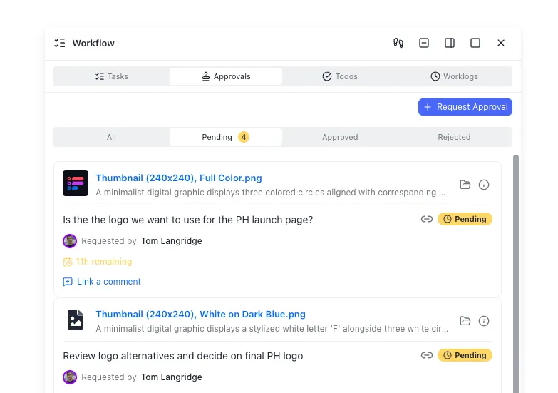 Approvals panel showing pending approval requests with file thumbnails and status badges