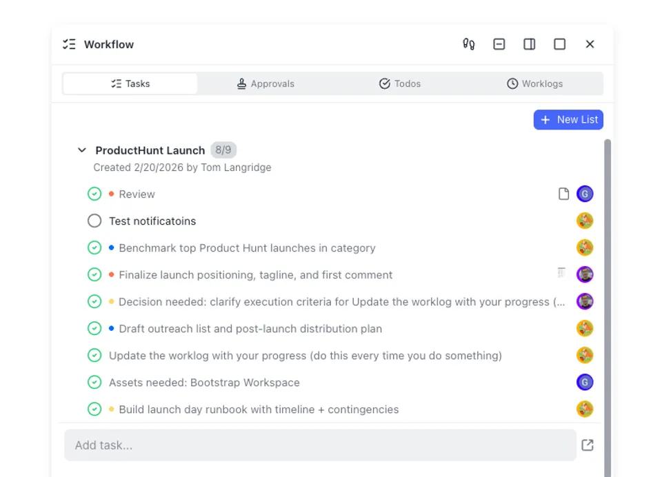 Workflow task list showing multi-step automation pipeline stages
