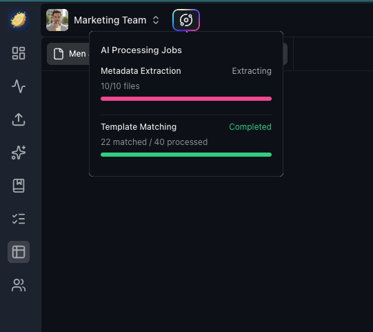 AI Processing Jobs showing extraction progress