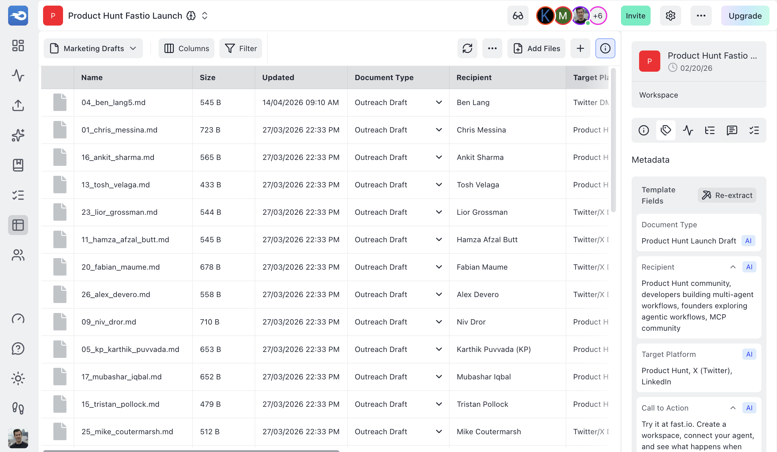 Extracted metadata displayed as a sortable grid