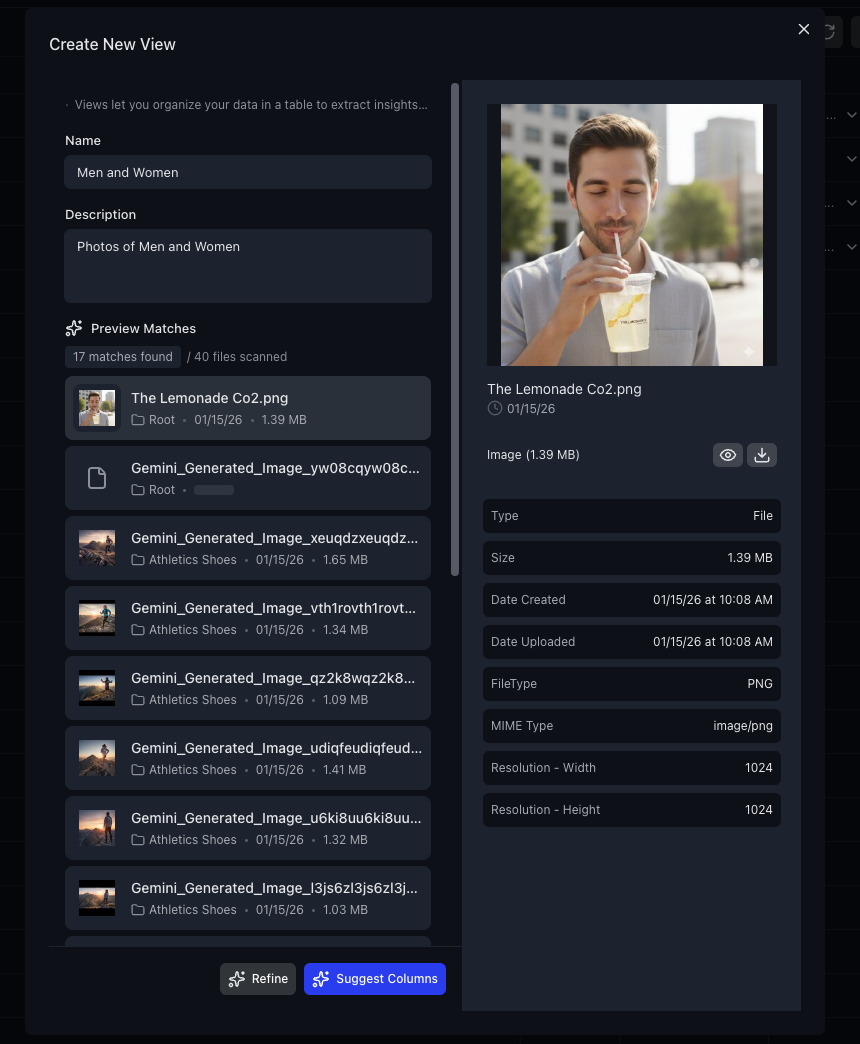 Preview of matched files with two-column layout showing file details